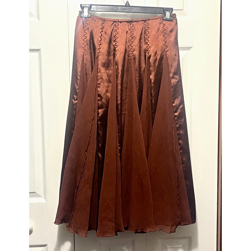 VTG 90s Boho Sandy Starkman Brown Bronze Satin Chiffon Godet Maxi Skirt S Fairy